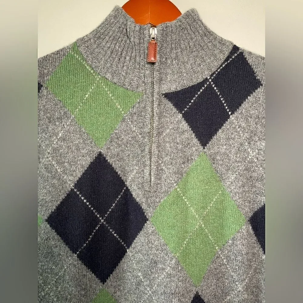 J. Crew 100% Premium Lambswool Argyle Gray Zip Pullover Sweater Size Medium